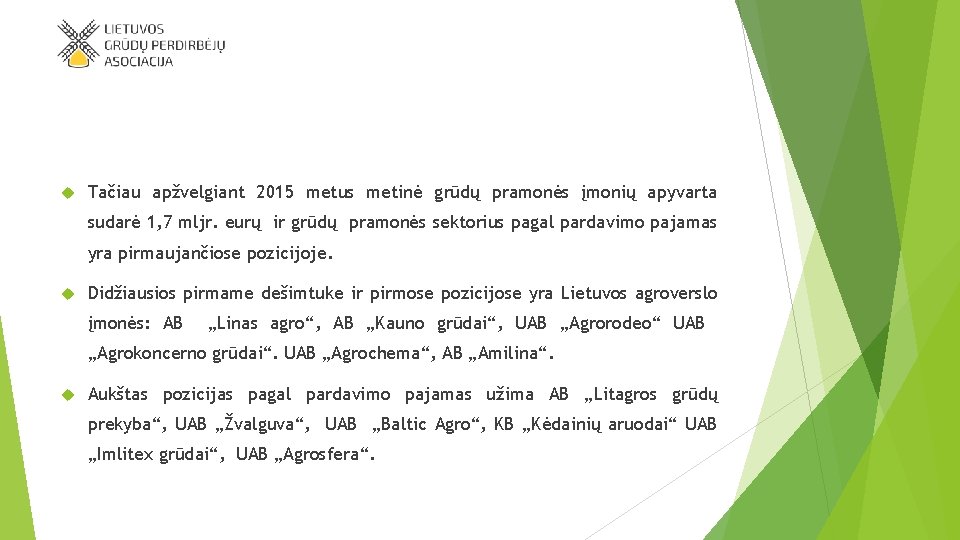  Tačiau apžvelgiant 2015 metus metinė grūdų pramonės įmonių apyvarta sudarė 1, 7 mljr.