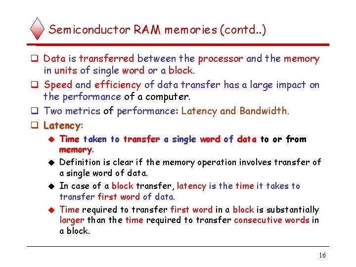 Semiconductor RAM memories (contd. . ) Data is transferred between the processor and the
