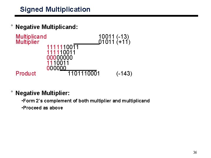 Signed Multiplication ° Negative Multiplicand: Multiplicand Multiplier Product 10011 (-13) 01011 (+11) 1111110011 000000