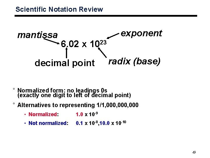 Scientific Notation Review mantissa exponent 6. 02 x 1023 decimal point radix (base) °