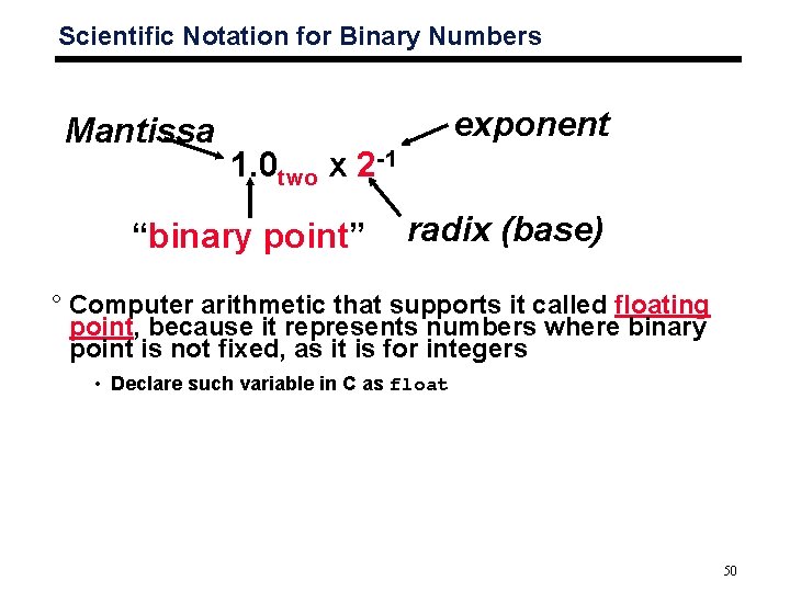 Scientific Notation for Binary Numbers Mantissa exponent 1. 0 two x 2 -1 “binary
