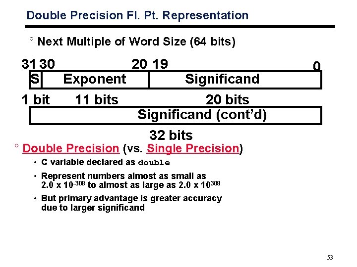 Double Precision Fl. Pt. Representation ° Next Multiple of Word Size (64 bits) 31