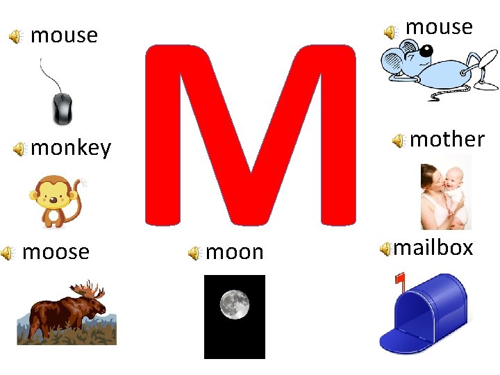 mouse monkey moose M moon mouse mother mailbox 