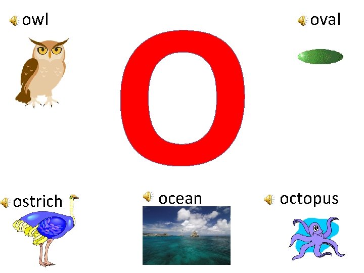 owl ostrich O ocean oval octopus 
