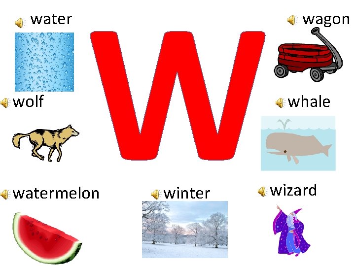 water wolf W watermelon winter wagon whale wizard 