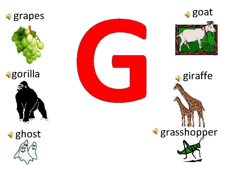 grapes gorilla ghost G goat giraffe grasshopper 