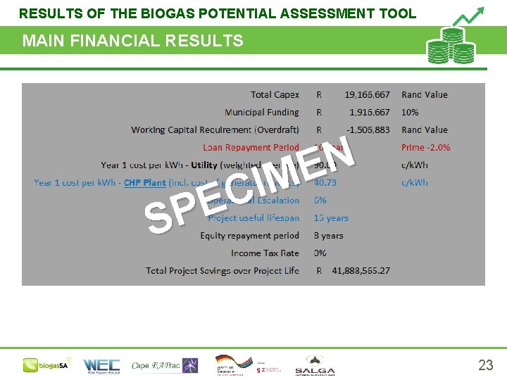 RESULTS OF THE BIOGAS POTENTIAL ASSESSMENT TOOL MAIN FINANCIAL RESULTS N E M I
