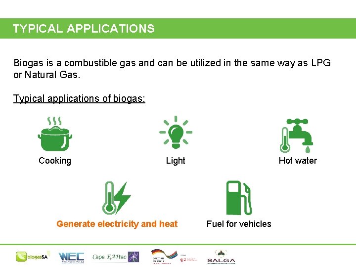 TYPICAL APPLICATIONS Biogas is a combustible gas and can be utilized in the same