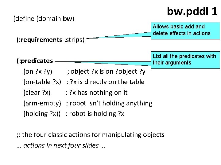 bw. pddl 1 (define (domain bw) (: requirements : strips) (: predicates (on ?