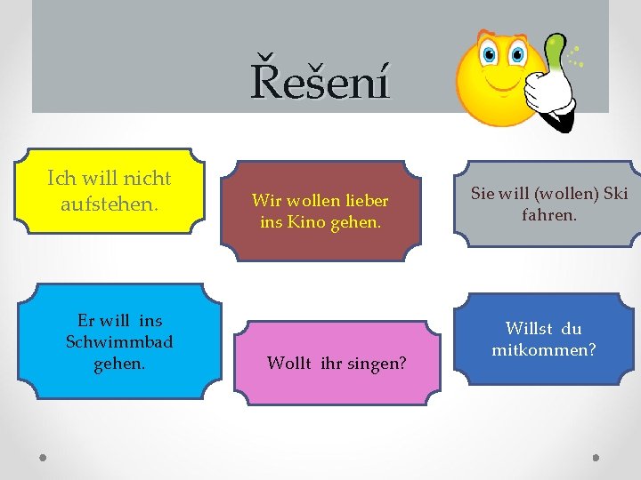 Řešení Ich will nicht aufstehen. Er will ins Schwimmbad gehen. Wir wollen lieber ins