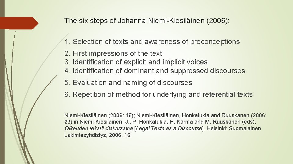 The six steps of Johanna Niemi-Kiesiläinen (2006): 1. Selection of texts and awareness of