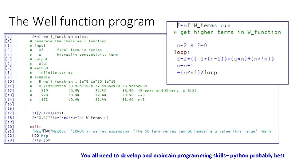 The Well function program You all need to develop and maintain programming skills– python