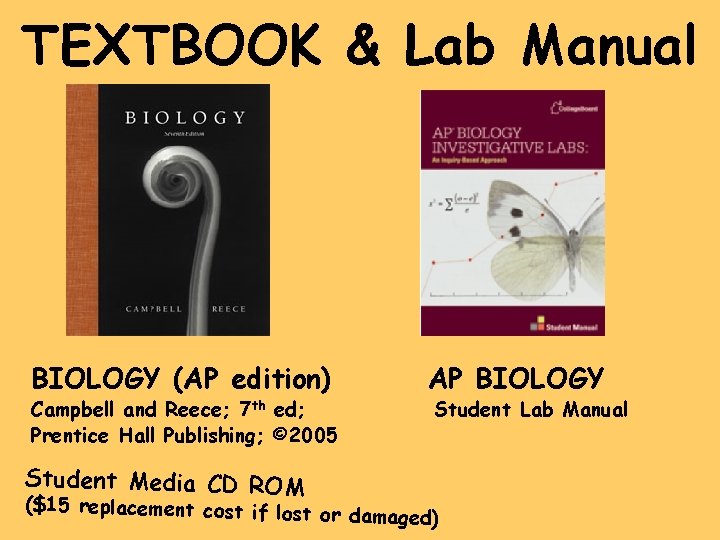 TEXTBOOK & Lab Manual BIOLOGY (AP edition) Campbell and Reece; 7 th ed; Prentice