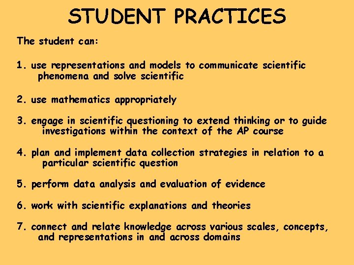 STUDENT PRACTICES The student can: 1. use representations and models to communicate scientific phenomena