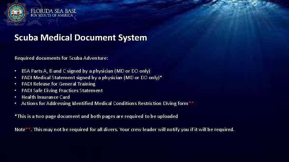 Scuba Medical Document System Required documents for Scuba Adventure: • • • BSA Parts