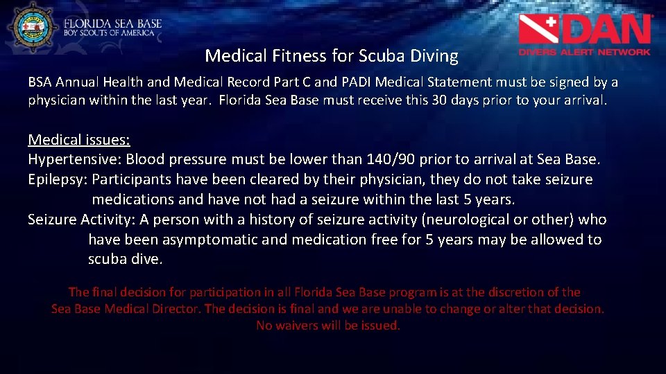 Medical Fitness for Scuba Diving BSA Annual Health and Medical Record Part C and