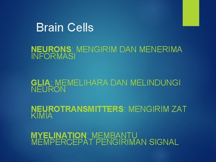 Brain Cells NEURONS: MENGIRIM DAN MENERIMA INFORMASI GLIA: MEMELIHARA DAN MELINDUNGI NEURON NEUROTRANSMITTERS: MENGIRIM