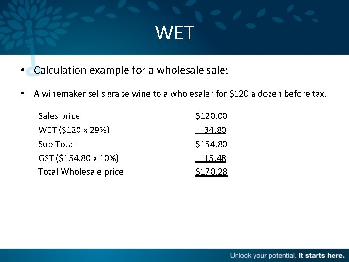WET • Calculation example for a wholesale: • A winemaker sells grape wine to