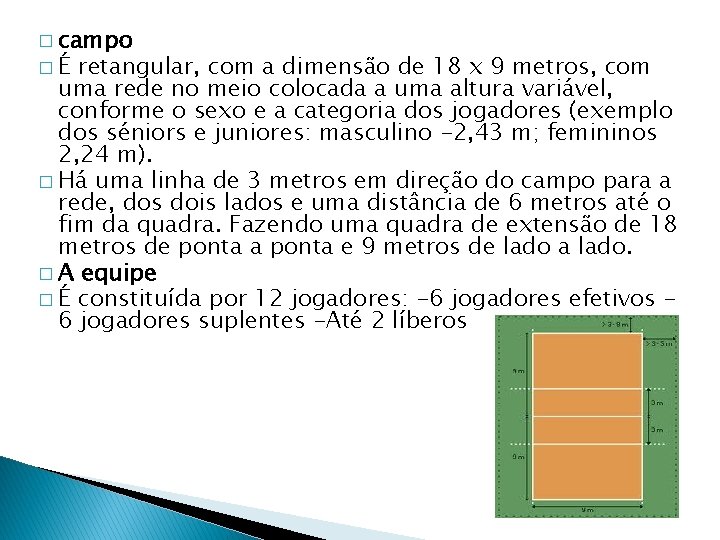 � campo �É retangular, com a dimensão de 18 x 9 metros, com uma