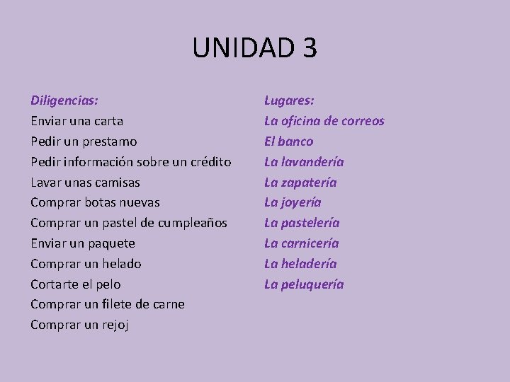 UNIDAD 3 Diligencias: Enviar una carta Pedir un prestamo Pedir información sobre un crédito