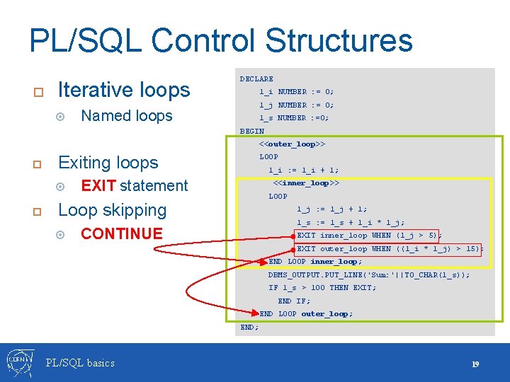 PL/SQL Control Structures Iterative loops DECLARE l_i NUMBER : = 0; l_j NUMBER :