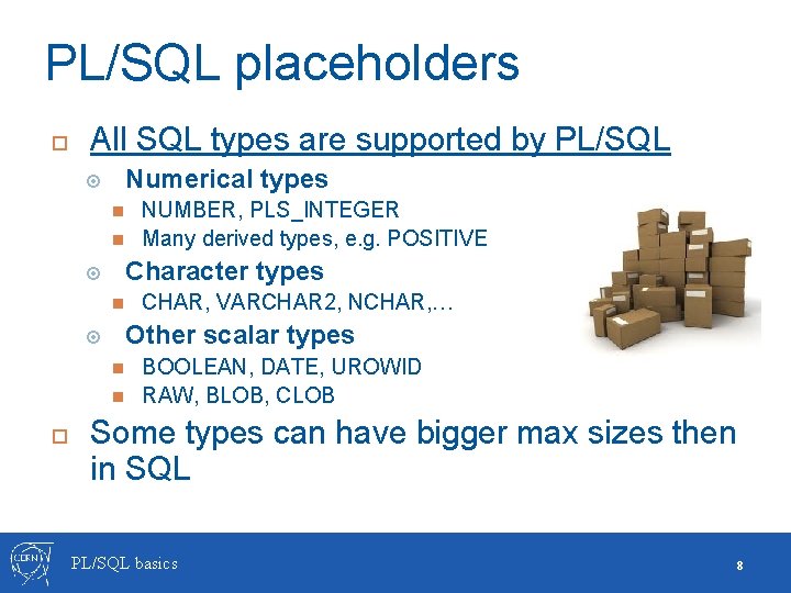 PL/SQL placeholders All SQL types are supported by PL/SQL Numerical types Character types CHAR,