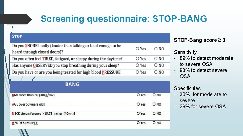 Screening questionnaire: STOP-BANG STOP-Bang score ≥ 3 Sensitivity - 89% to detect moderate to