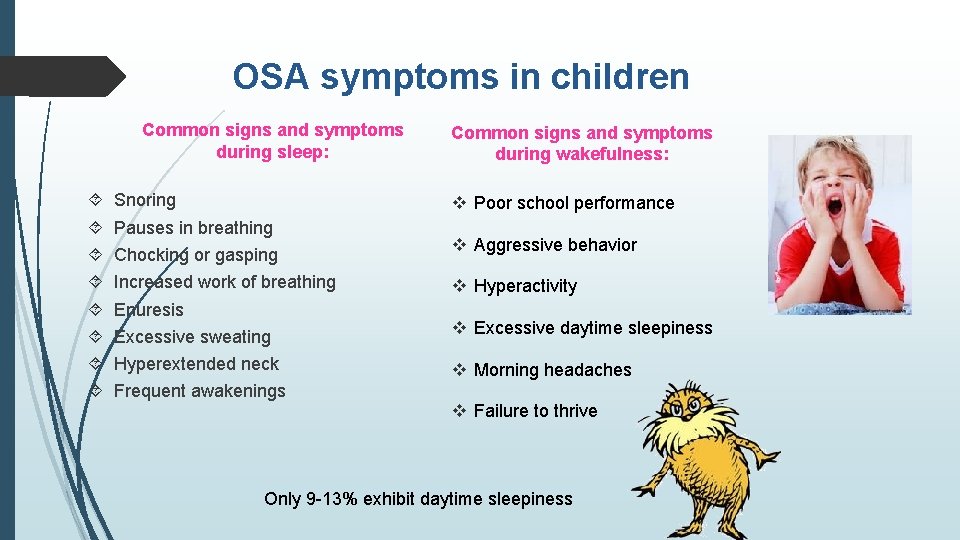 OSA symptoms in children Common signs and symptoms during sleep: Snoring Common signs and