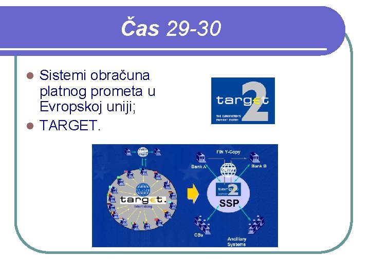 Čas 29 -30 Sistemi obračuna platnog prometa u Evropskoj uniji; l TARGET. l 