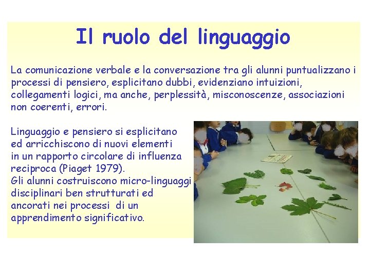 Il ruolo del linguaggio La comunicazione verbale e la conversazione tra gli alunni puntualizzano