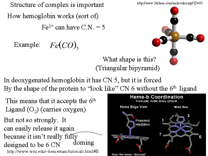 Structure of complex is important http: //www. 3 dchem. com/molecules. asp? ID=95 How hemoglobin