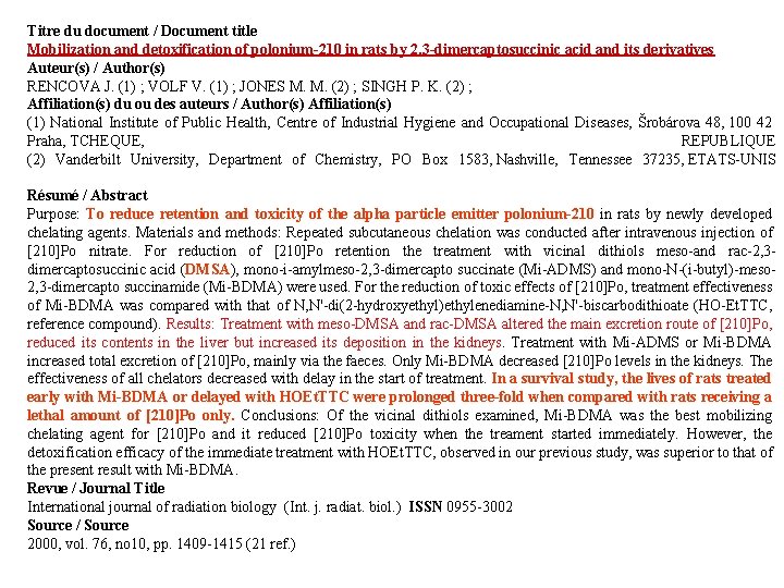 Titre du document / Document title Mobilization and detoxification of polonium-210 in rats by