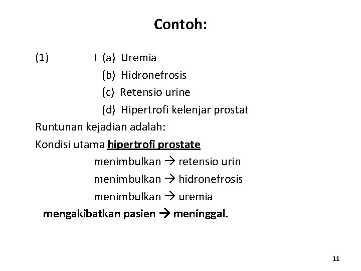 Contoh: (1) I (a) Uremia (b) Hidronefrosis (c) Retensio urine (d) Hipertrofi kelenjar prostat