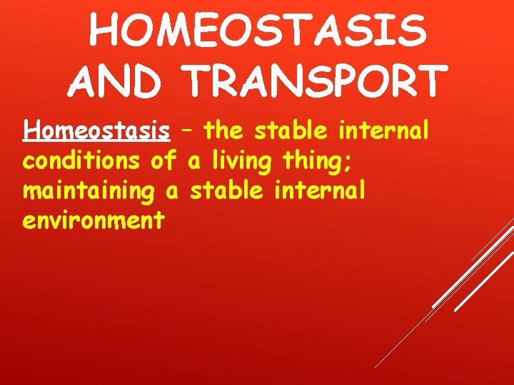 HOMEOSTASIS AND TRANSPORT Homeostasis – the stable internal conditions of a living thing; maintaining