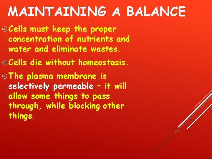 MAINTAINING A BALANCE Cells must keep the proper concentration of nutrients and water and