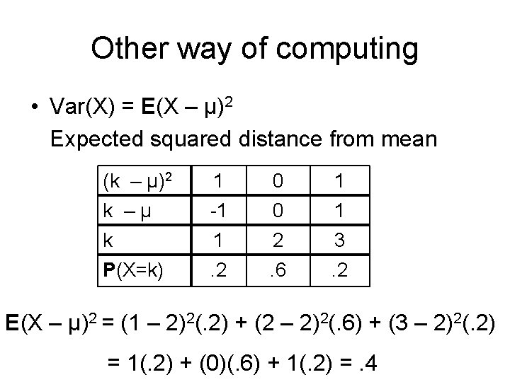 Other way of computing • Var(X) = E(X – μ)2 Expected squared distance from