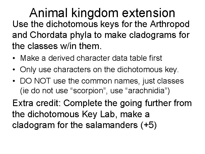 Animal kingdom extension Use the dichotomous keys for the Arthropod and Chordata phyla to