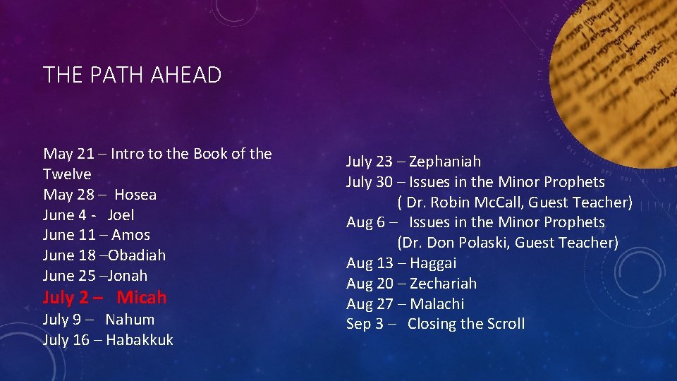 THE PATH AHEAD May 21 – Intro to the Book of the Twelve May