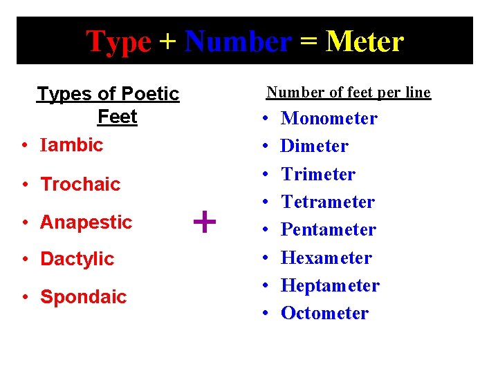 Type + Number = Meter Number of feet per line Types of Poetic Feet