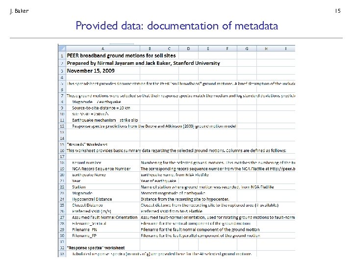 J. Baker 15 Provided data: documentation of metadata 