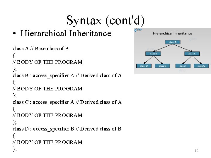 Syntax (cont'd) • Hierarchical Inheritance class A // Base class of B { //