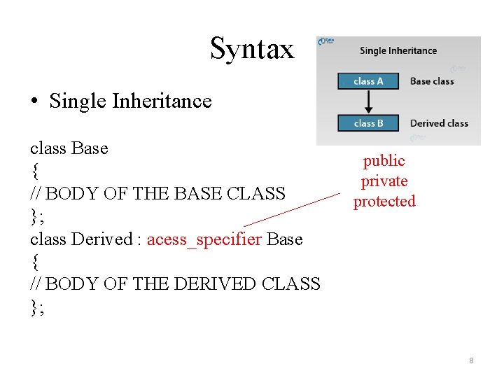Syntax • Single Inheritance class Base { // BODY OF THE BASE CLASS };
