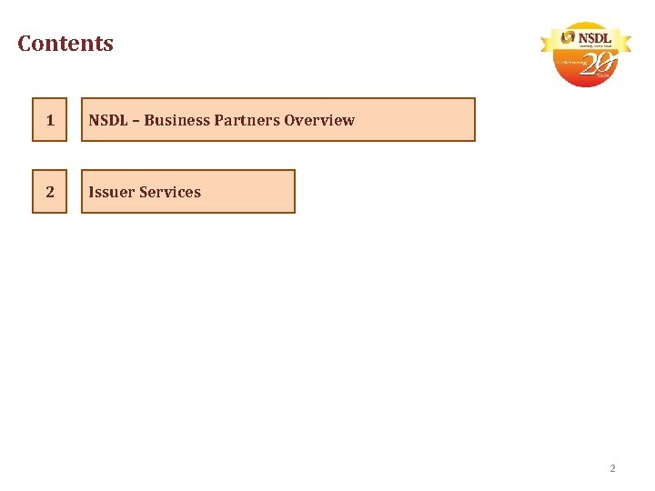 Contents 1 NSDL – Business Partners Overview 2 Issuer Services 2 