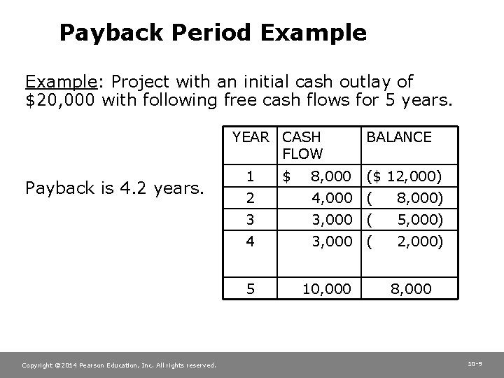 Payback Period Example: Project with an initial cash outlay of $20, 000 with following