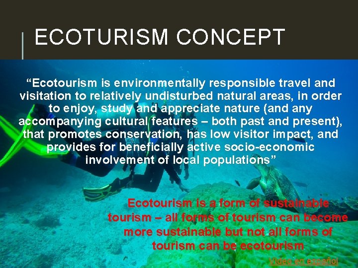 ECOTURISM CONCEPT “Ecotourism is environmentally responsible travel and visitation to relatively undisturbed natural areas,