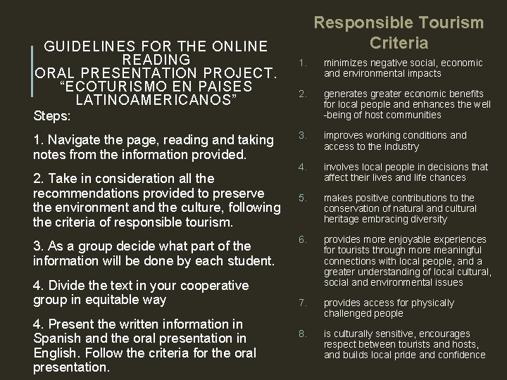 GUIDELINES FOR THE ONLINE READING ORAL PRESENTATION PROJECT. “ECOTURISMO EN PAISES LATINOAMERICANOS” Responsible Tourism