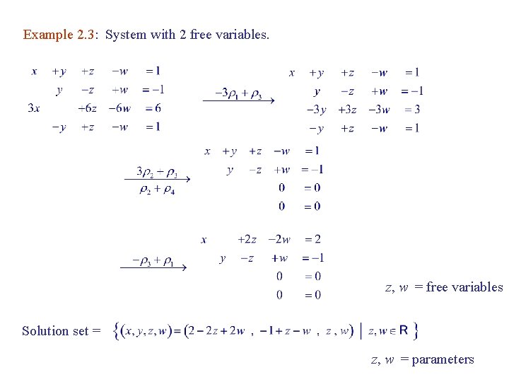 Example 2. 3: System with 2 free variables. z, w = free variables Solution