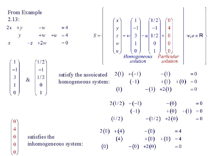 From Example 2. 13: & satisfy the assoicated homogeneous system: satisfies the inhomogeneous system: