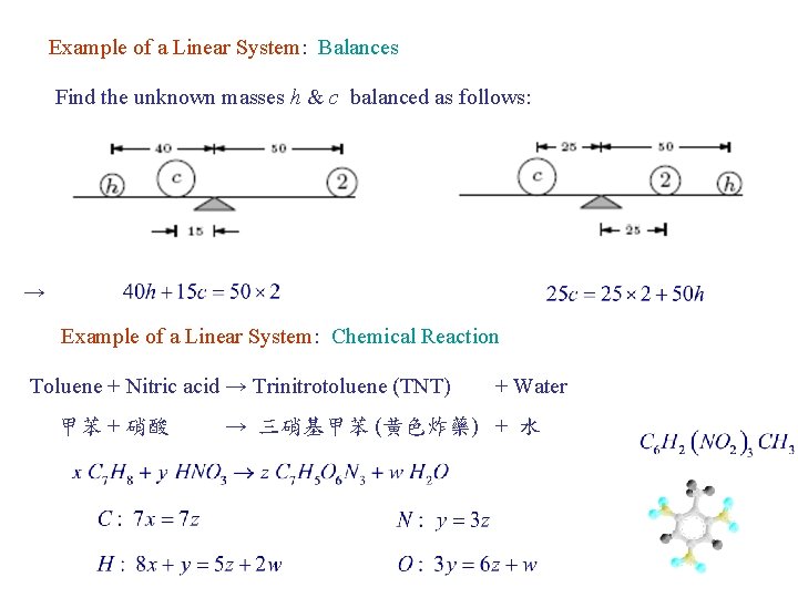Example of a Linear System: Balances Find the unknown masses h & c balanced