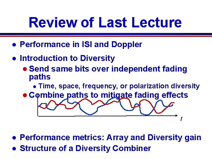 Review of Last Lecture l Performance in ISI and Doppler l Introduction to Diversity